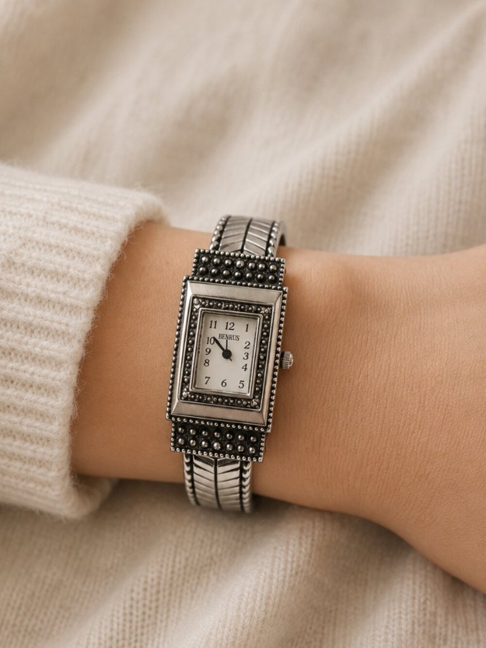 Vintage Geneva Square Face Silver Cuff Watch Bangle Bracelet